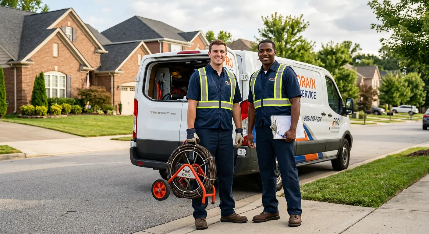 Sewer and drain service team with equipment ready for work in White Settlement