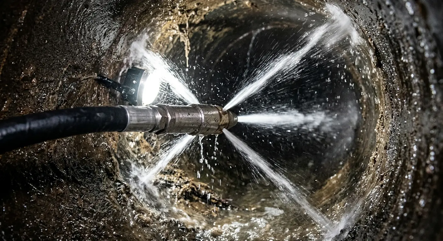 High-pressure hydro jetting nozzle cleaning sewer pipe for Sewer Cleanout in White Settlement