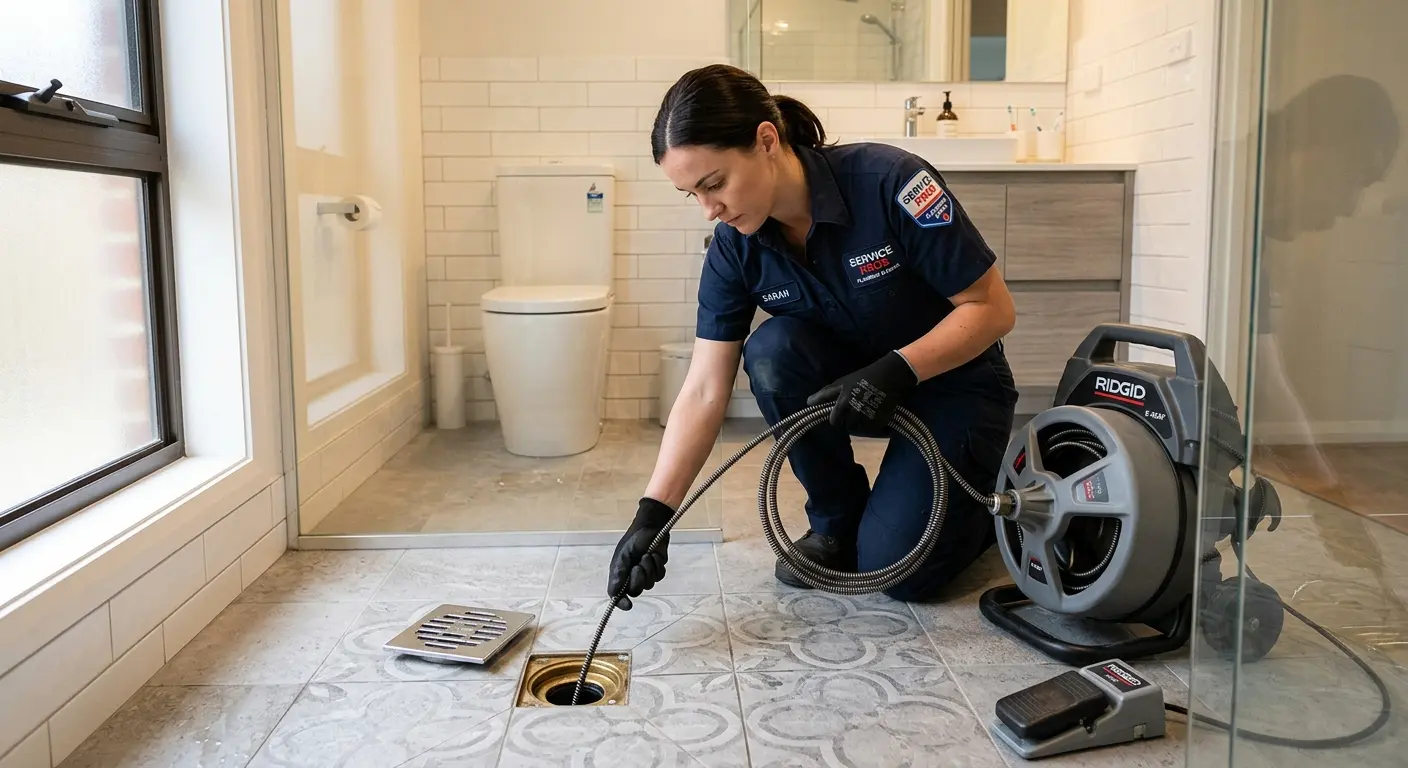 Technician clearing a bathroom floor drain for Drain Cleaning in White Settlement